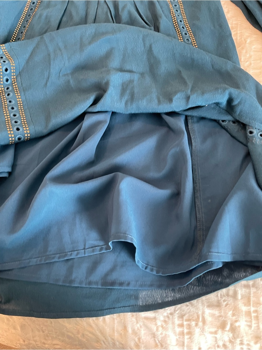 Sugar Lips Boho Peasant Shift Dress Size Small Blue Long Sleeve Gold Accents - Picture 6 of 7